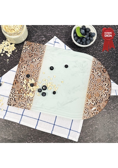 Kanallı Cam Kesme Tahtası - Arabesk Desen - Kenarı Oval - 25x35cm