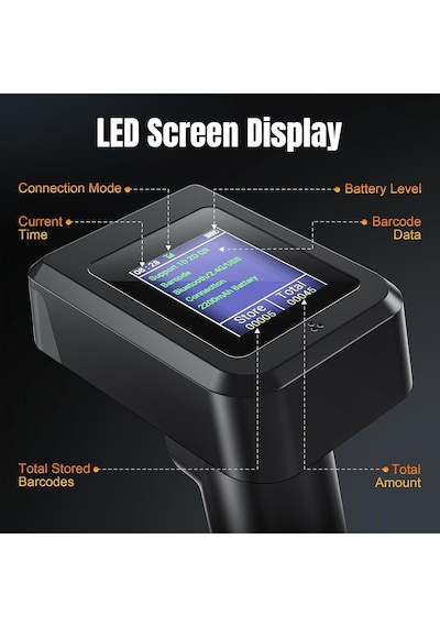 Hw0006 2d Wireless Barcode Scanner With Display Screen Bluetooth, 2.4g & Usb 3-in-1 Kablosuz El Tipi Barkod Okuyuc