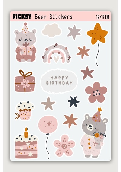 Sevimli Ayıcık Teddy Bear Doğum Günü Temalı Sticker Seti - 18 Adet Etiket Çıkartma Çok Renkli
