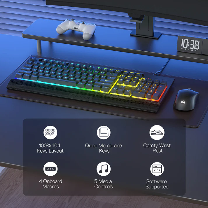 Redragon K525 104 Tuşlu Kablolu Rgb Membran Türkçe Oyun Klavyesi Mekanik Hissi Ve Smooth Linear Switch 26 Anti-hayalet Anahtarı