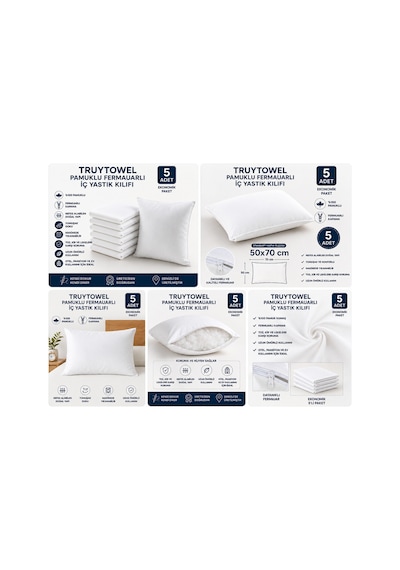 Turuytowel Pamuklu Fermuarlı İç Yastık Kılıfı Beyaz Renkli İç Astar 10'lu Yastık İç Kılıfı 50x 70 Şilte Beyaz 5 Li