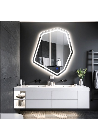 Fluxus Beyaz Led'li Lazer Kumlamalı Lavabo & Banyo Aynası Dokunmatik Sensörlü 90 X 76