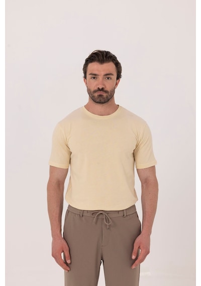 Sabri Özel Krem %100 Pamuk Bisiklet Yaka Düz Renk Basic T-shirt