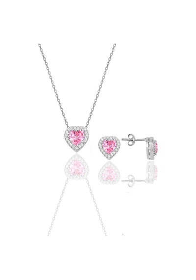 Gümüş Rodyumlu Pembe Taşlı Pırlanta Modeli Kalp İkili Set