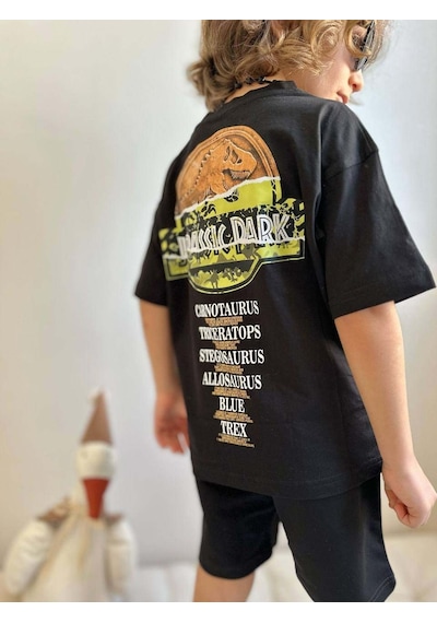 Miniko Kids Erkek Çocuk Jurassic Park Desenli Pamuk Şortlu Takım Siyah