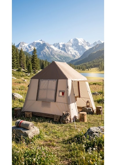 Shufa 260 220 200 Cm Otomatik Şişme Kamp Çadırı, Yağmur Brandası Ve 330 270 Cm Bağlantılı Gölgelik Dahil, 2 Büyük Şeffaf Tavan Pencereli, Aile Outdoor Kamp Çadırı Bej