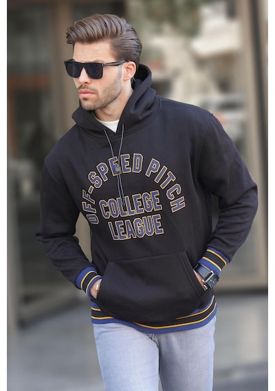 Madmext Siyah Kapüşonlu Cep Detaylı Baskılı Erkek Sweatshirt 7068 Siyah