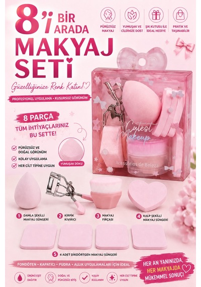 8 Parça Pembe Makyaj Süngeri, Fırçası Ve Kirpik Kıvırıcı Seti
