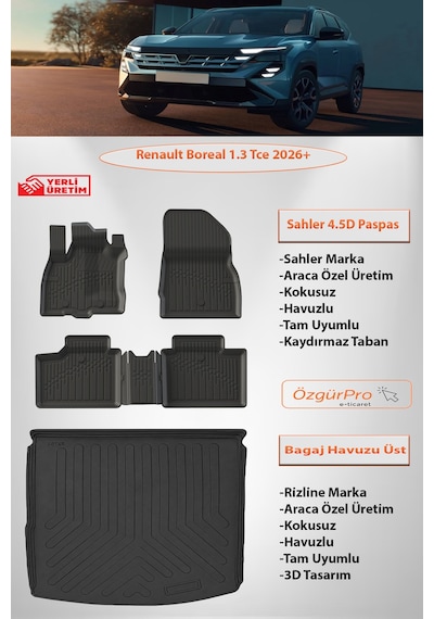 Sahler Renault Boreal 1.3 Tce 2026 Ve Sonrası 4.5d Havuzlu Paspas 3d Rizline Üst Bagaj Havuzu