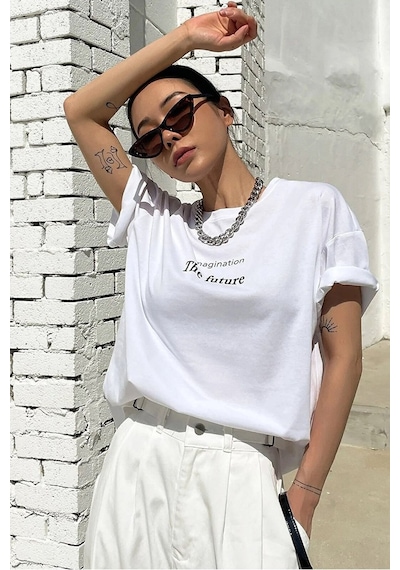 Uyguntarz Unisex The Future Baskılı Oversize T-shirt Beyaz