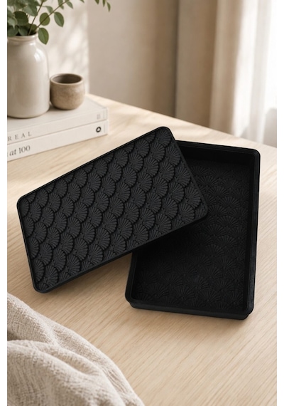 Desenli Kapaklı Dekoratif Kutu Masa Üstü Organizer Takı Aksesuar Saklama Kutusu Pla 20x12.5 Cm Siyah