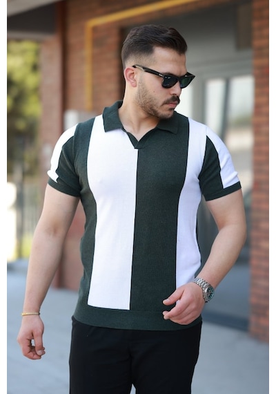Erkek Kısa Kollu Polo Yakalı Blok Desenli Triko Bluz Yeşil