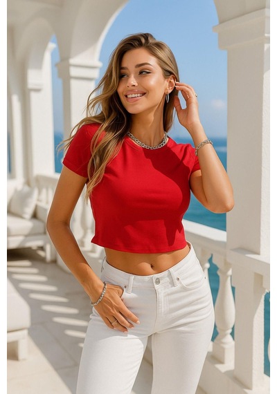 Kadın Kırmızı Kısa Kollu Oversize Crop - Pamuklu Basic Bisiklet Yaka T-shirt Çok Renkli Kadın Kırmızı Kısa Kollu Oversize Crop - Pamuklu Basic Bisiklet Yaka T-shirt Çok Renkli