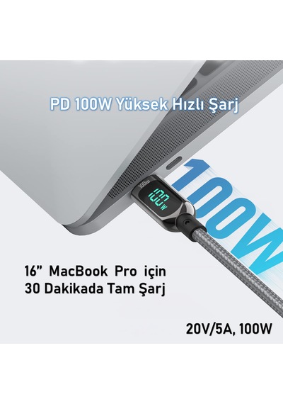 SooPii S10CC PD 100W Led Ekranlı Type-C to Type-C Data Şarj Kablosu