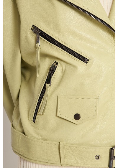 M M Marki Marki Kadın Hakiki Jumbo Deri Ceket Biker Tarz, Kemerli, Oversize, Apoletli, 65 Cm, Su Yeşili - 116622x