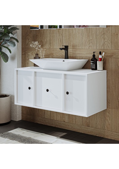 Gusto Ayaksız Lavabolu Mdf 105 Cm Çekmeceli Banyo Dolabı Beyaz Mat Beyaz