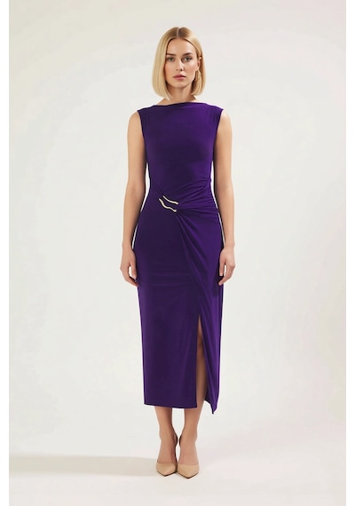 Benerly Kadın Bodycon Midi Elbise Kolsuz Kayık Yaka Aksesuar Detaylı Örne Mor