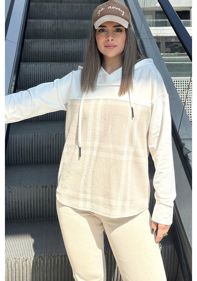 WeShaya Kadın Bej Ekose Garnili, Rahat Kesim, Kapüşonlu İki İplik Sweatshirt Bej