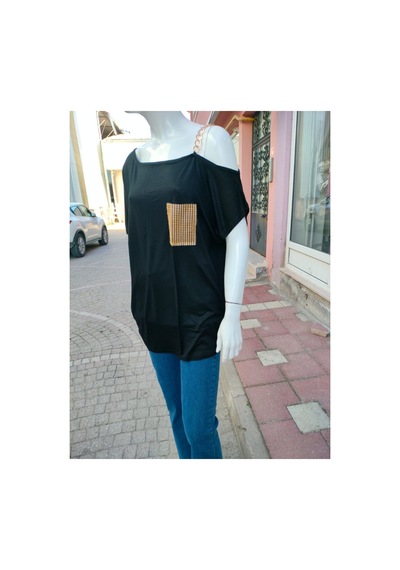 Çınar Boutique Omzu Açık Pamuklu Tişört Siyah Siyah