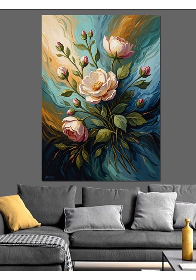 Beyaz Güller Klasik Sanat Tablosu Dekoratif Kanvas - Mdf Ahşap Tablo