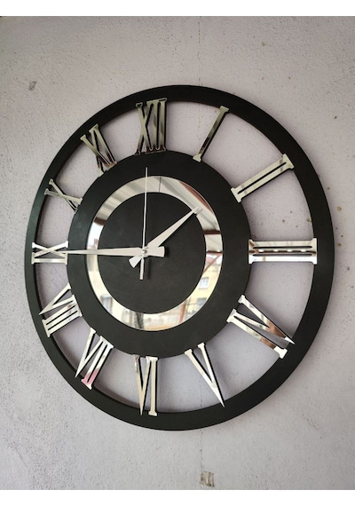 Siyah Renk Gümüş Sayılı Hediyelik Ahşap Dekoratif Ev Hediyelik Duvar Saati 50cm Gümüş