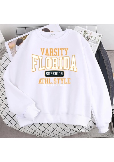 Startmore Trend Casual Kadın Kazak Florida Üstün Athl Tarzı Baskı Hoody Sıcak Damla Kollu Kazak Crewnec Beyaz