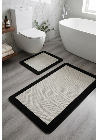 My Evilla Sisal Vektör Kaymaz Tabanlı Kolay Silinebilir 2li Siyah Beyaz Banyo Paspas Seti 60x100-50x60