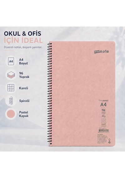 Mynote Flex Pastel A4 96 Yaprak 60 Gr Spiralli Kareli Defter Somon