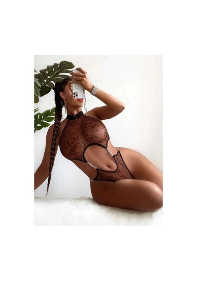 Ang Butik Kadın Leopar Desen Zincirli Kahverengi Babydoll