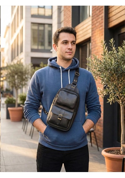 Yedideri Hakiki Deri Sling Bag Şık Ve Minimal Günlük Omuz Çantası Siyah