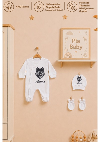 Pia Baby İsme Özel Erkek Bebek 4 Parça Tulum Seti %100 Pamuk Organik Baskılı Battaniyeli 2016bt0x Krem