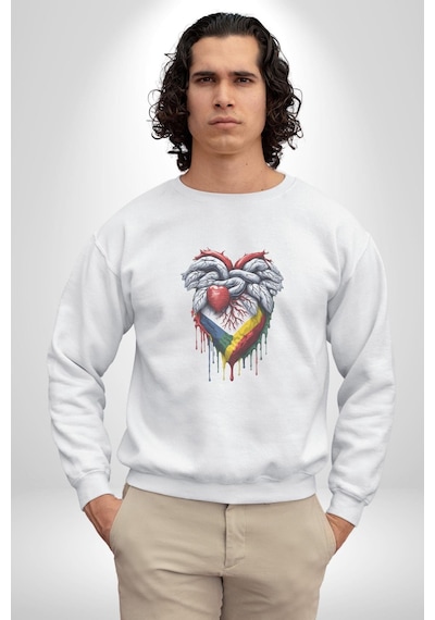 Kalp Damar Renkli Boyalı Unisex Beyaz Baskılı Sweatshirt Beyaz