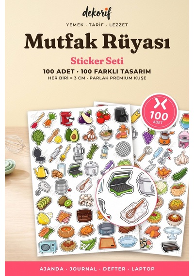 Renkli Mutfak Sticker Seti 100 Adet - Gereçleri Tarif Malzemeleri Ajanda Journal Defter Çıkartma Çok Renkli