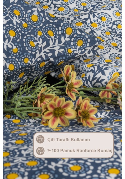 Elart Talia Nevresim Takımı Çift Kişilik %100 Pamuk Ranforce Lastikli Çarşaf 200x220 Cm Lacivert Lacivert