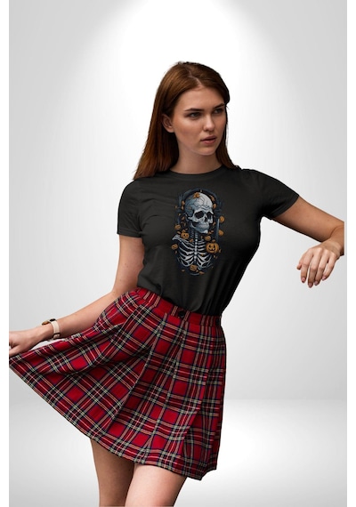 Cadılar Bayramı Kuru Kafa Unisex Unisex Siyah Organik Baskılı T-shirt Penye Yüksek Kalite Siyah