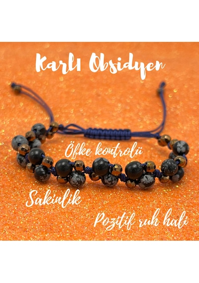 Yıldız Doğal Taş 6mm Ipli Karlı Obsidyen Ayarlanabilir Ölçü Doğal Taş Bileklik Siyah