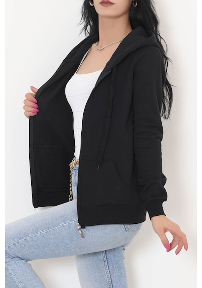 Bensu Store - Kapşonlu Fermuarlı Sweat Siyah - 11866.108. 001