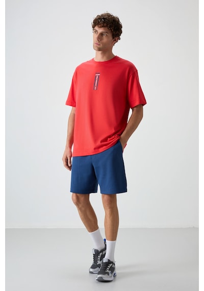 Air Jones Tommy Life Fiesta %100 Pamuk Kalın Yumuşak Dokulu Oversize Fit Baskılı Erkek T-shirt - 88360 Kirmizi