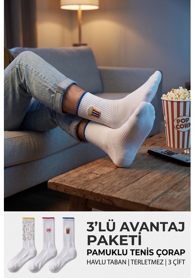 Lykos Erkek Beyaz Pamuklu Popcorn Desenli Tenis Çorap 3'lü Paket Havlu Taban