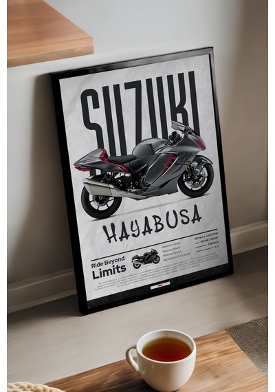Suzuki Hayabusa Siyah Ahşap Çerçeveli Poster, Dekoratif Motosiklet Duvar Tablosu