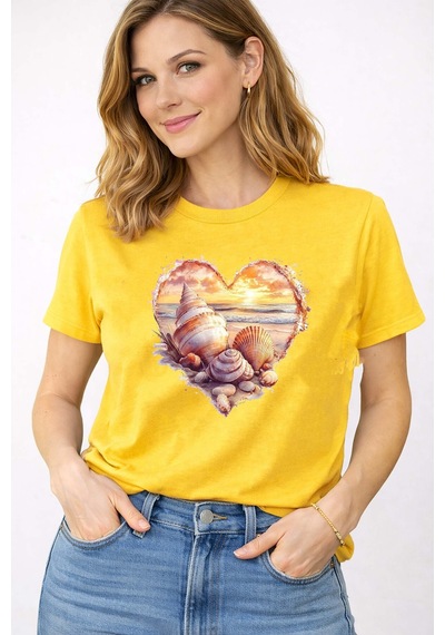 Herkesemoda Sunset Love Deniz Tema Baskı Detaylı Bisiklet Yaka Pamuklu Basic T-shirt Sarı