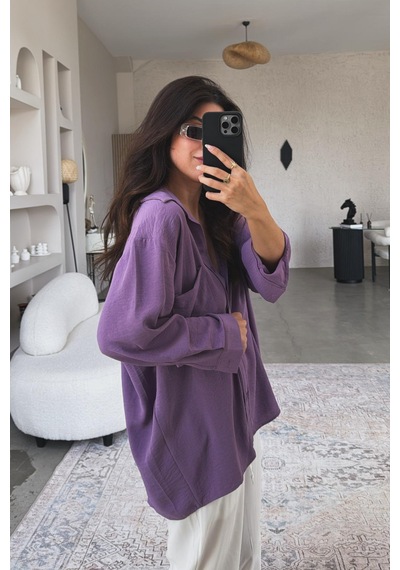 Paw Garage Kadın Flory Ayrobin Oversize Tek Cep Gömlek Mor