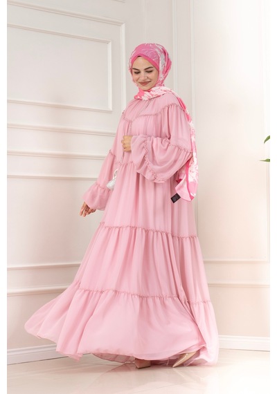 Sevitli Robalı Manolya Şifon Elbise-pembe-5786
