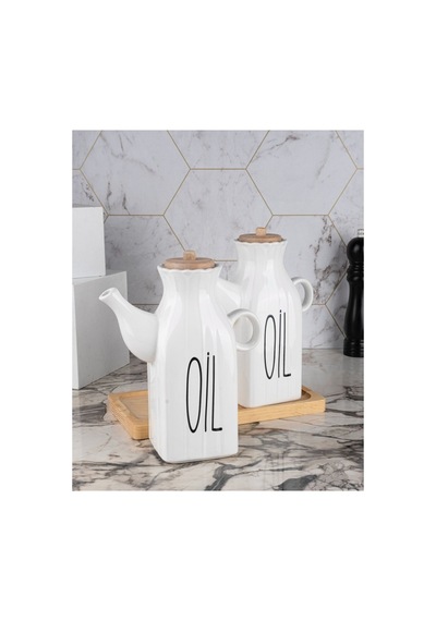 Bambu Standlı Kare 2 Li Porselen Herbiri 1000 Ml Yağdanlık Set 3 Lü Yağdanlık Takım Beyaz Beyaz