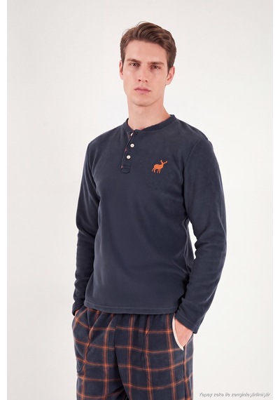 Buratti Ekoseli Düğmeli Bisiklet Yaka Yumuşak Polar Pijama Takımı Erkek Pijama Takımı 6097019 Füme