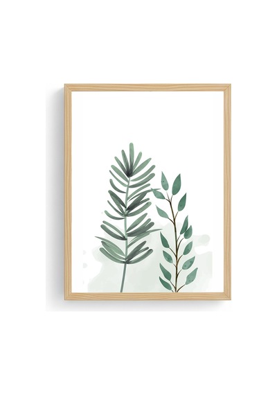 Doğal Ahşap Çerçeveli Minimal Yaprak Desenli Tablo - Pastel Tonlar Huhu1636