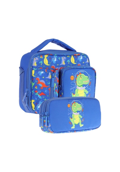 Kaukko Kids Erkek Çocuk Mavi Yeşil Dinazor Baskılı Üç Bölmeli Thermo Beslenme Çantası Ve Kalemlik Seti L7262+l8262 MAvi
