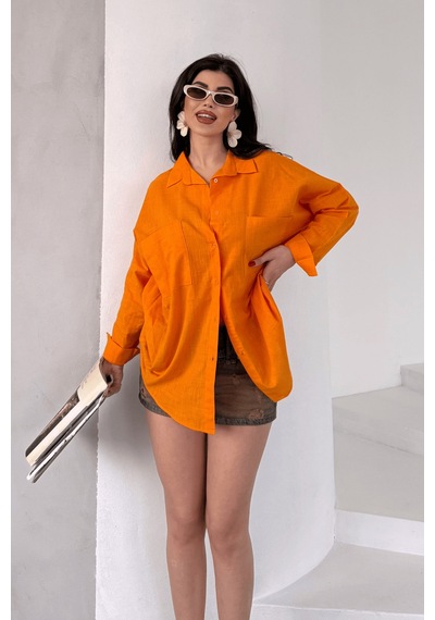 Paw Garage Kadın Harper Çift Cepli Oversize Keten Gömlek, 2025 Summer Collection Turuncu