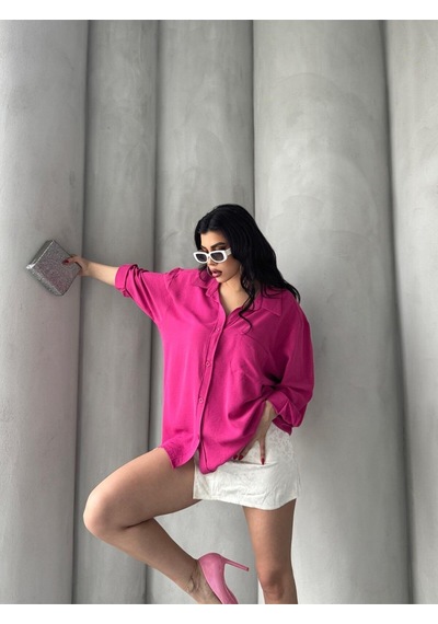 Paw Garage Kadın Flory Ayrobin Oversize Tek Cep Gömlek Pembe