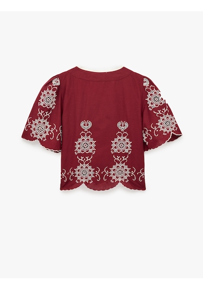 Koton Pamuklu Kısa Kollu Nakışlı Brodeli Fiyonklu Önden Bağlamalı Bluz Bordo Desenli 6sak60327uw